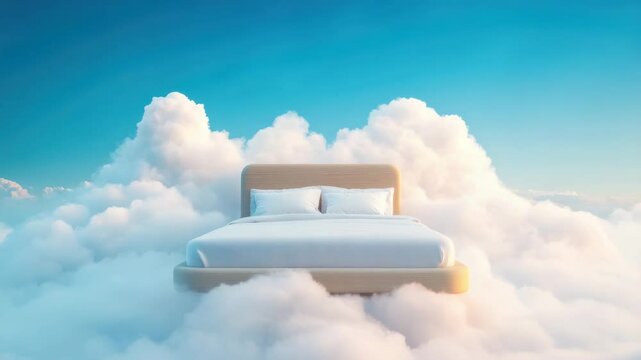 Modern bed with white bedding and pillow floating among soft fluffy clouds under bright blue sky, evoking dreamy comfort and peaceful sleep on luxurious mattress in serene atmosphere