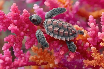 Adorable Baby Sea Turtle Crawling on Vibrant Pink and Orange Coral Reef