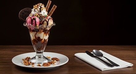 Decadent Ice Cream Sundae with Nuts and Chocolate Drizzle on Dark Wood Table
