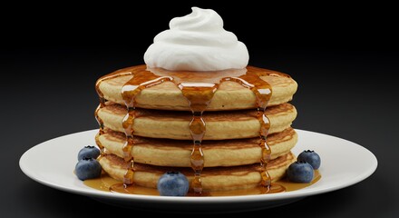 Indulge in a Stack of Buttery Pancakes Topped with Whipped Cream and Drizzled with Maple Syrup