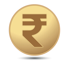 Gold coin India. Rupee sign. Rupee symbol. Indian currency.