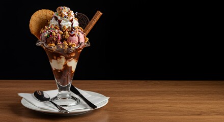 Indulge in this decadent chocolate sundae, a symphony of creamy ice cream, crunchy cookies, and rich chocolate sauce.