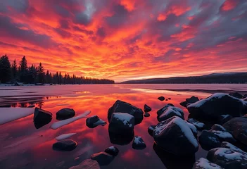 Fototapete Fiery Sky Reflection: Capture a breathtaking landscape as the sky ignites with vibrant hues during a mesmerizing sunset, mirrored flawlessly in the tranquil lake waters, as snow-kissed rocks. © Valistrum