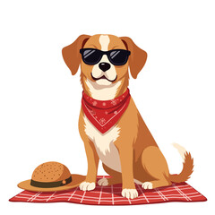 Cool dog in sunglasses and bandana at summer picnic.  Happy canine friend enjoys summer time wearing stylish accessories.
