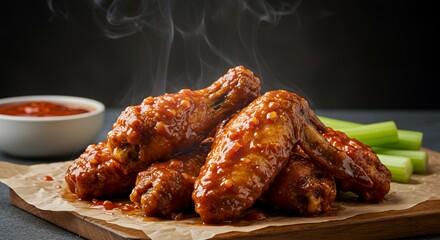 Steaming Hot Buffalo Wings with Celery and Spicy Sauce