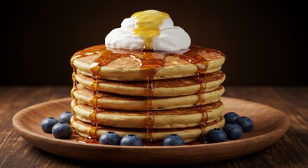 Golden Syrup Drizzles Delightful Stack of Buttery Pancakes Topped with Whipped Cream