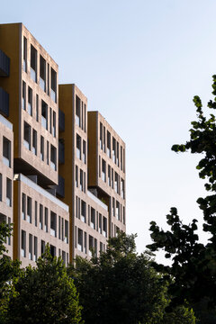 Contemporary apartment buildings with aligned windows and yellow elements in Montpellier, France, captured from a low angle with greenery and morning light