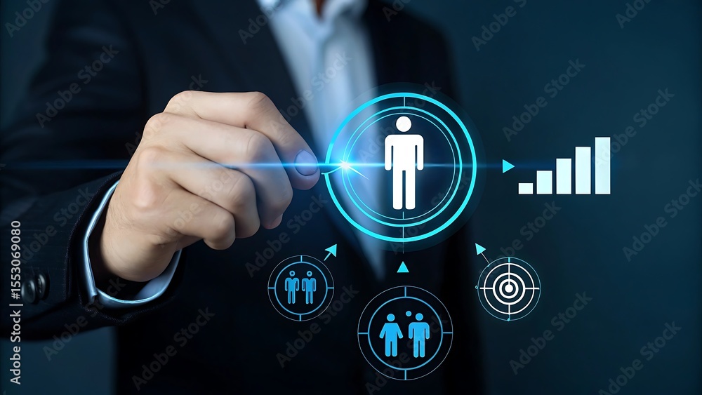 Poster businessman interacting with a futuristic digital interface displaying human resource management and