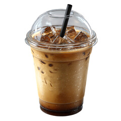 Refreshing iced coffee with milk and ice in a clear plastic cup with a dome lid and straw