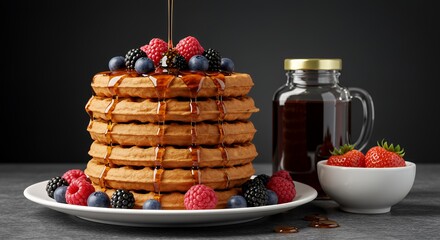 Golden Syrup Drizzles onto a Stack of Buttery Waffles Topped with Fresh Berries