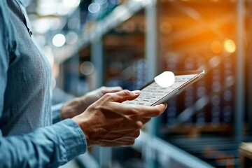 Close-up of a woman holding a digital tablet while managing inventory in a warehouse. The screen displays logistics data and digital charts. Industrial shelves in the background suggest a supply chain - Powered by Adobe