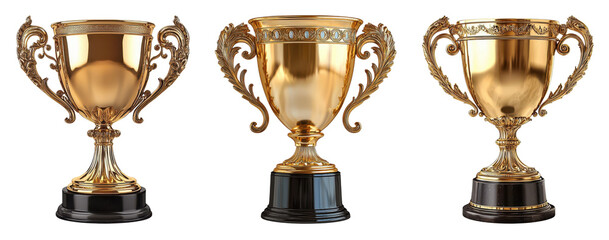 golden trophy cups set on white background