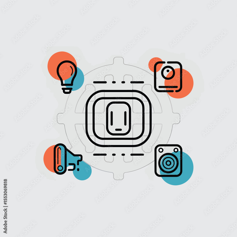 Poster smart device central hub concept illustration featuring lightbulb megaphone camera and speaker icons