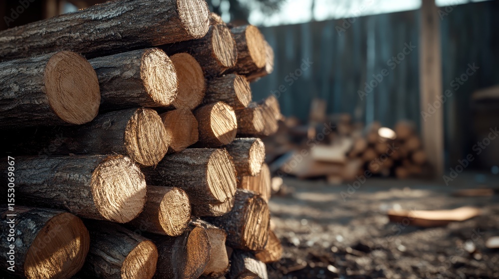 Poster a close-up view of neatly stacked logs in a sunlit rustic setting, emphasizing natural textures and 