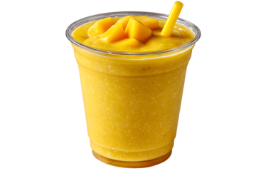 Refreshing mango smoothie topped with fresh mango chunks and a yellow straw
