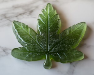 Green Cannabis Leaf Shaped Gummy Edible on Textured Surface