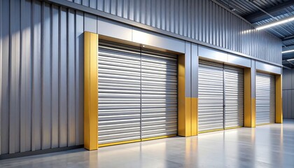 Fototapeta premium Modern industrial storage facility with rolling doors and sleek metallic interior design