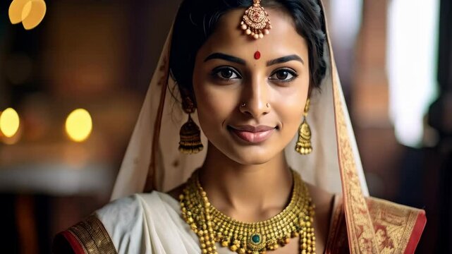 Portrait of a beautiful young South Asian woman in traditional formal attire and gold jewelry, with a soft smile and romantic golden bokeh backdrop.