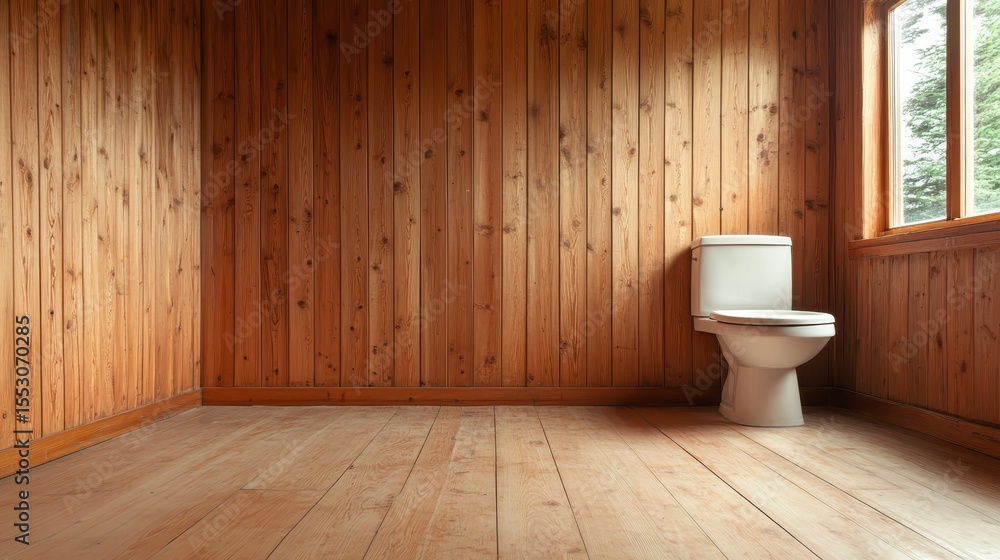 Poster this image features a clean, minimalistic toilet situated in a wooden-clad bathroom, emphasizing nat