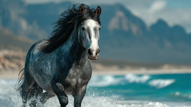 Majestic horse galloping along a pristine beach on a sunny day near rocky cliffs