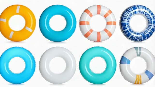 Assortment of colorful inflatable swimming pool rings arranged on a plain white background with various designs and patterns