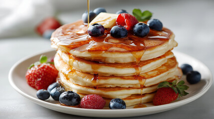 Delicious stack of pancakes with syrup, berries, and butter. Perfect for food blogs, restaurant menus, and breakfast themed designs.