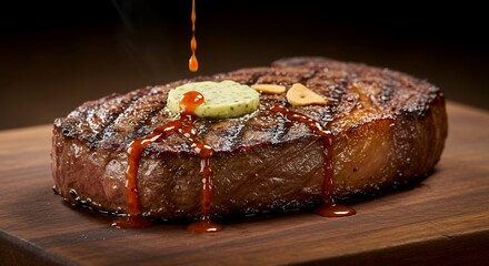 Sizzling Steak, Herb Butter, and Rich Sauce Drizzle: Gourmet Dining Perfection