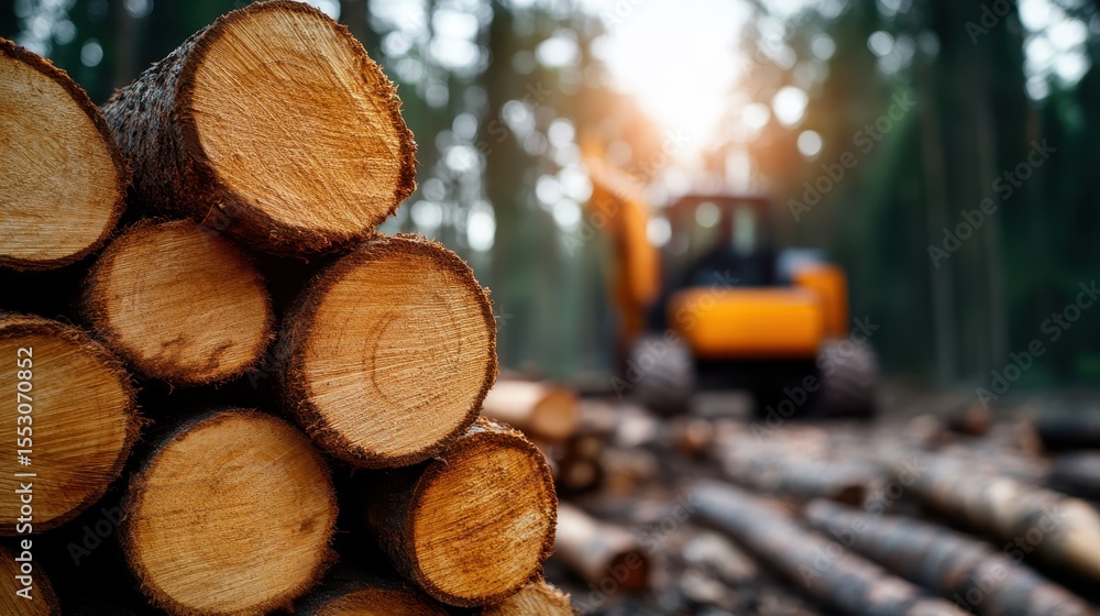 Poster a beautiful stack of freshly cut logs in a serene forest setting, capturing the essence of forestry 