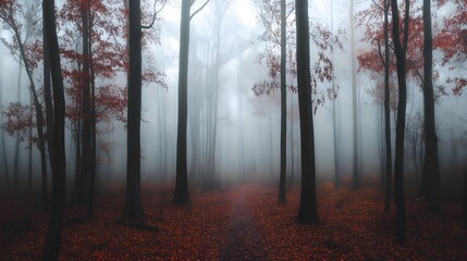 Obraz premium Mystical Foggy Woods: Tranquil Nature Landscape Background with Trees in Fog