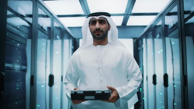 Arab man in kandura carrying a tech equipment box while walking through a futuristic cloud server hall