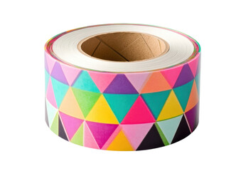 washi tape roll with colorful triangle pattern on white background.