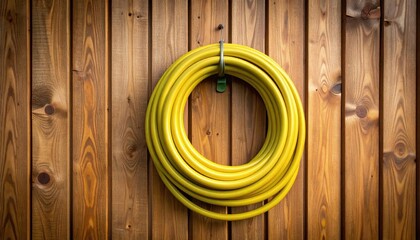Yellow garden hose neatly coiled and hanging on a wooden wall, showcasing a tidy outdoor space