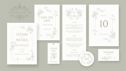 Elegant wedding set. Hand drawn roses border and frame pattern. Place cards, wedding invitation, table number, save the date, thank you card, menu, sticker.
