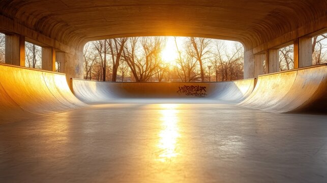 A beautifully illuminated skatepark at sunset, showcasing smooth textures and shadows created by the evening light filtering through the arches of the structure.