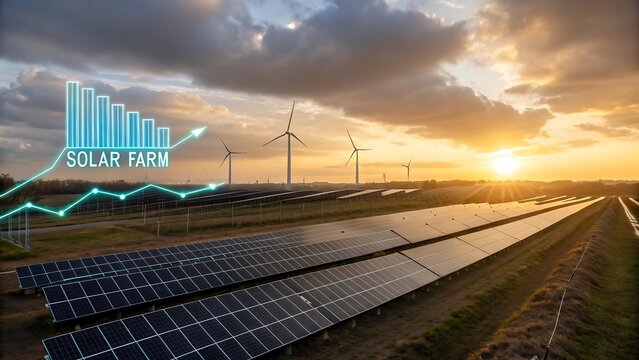 Solar farm and wind turbines at sunset with a glowing upward trending financial graph overlay symbolizing growth