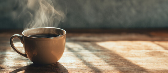 Close up of a steaming cup of coffee on a sunlit wooden table banner with copy space.