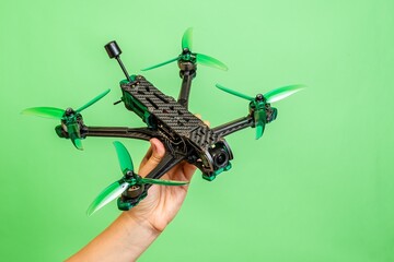 Hand holding professional modern drone with digital camera on green background