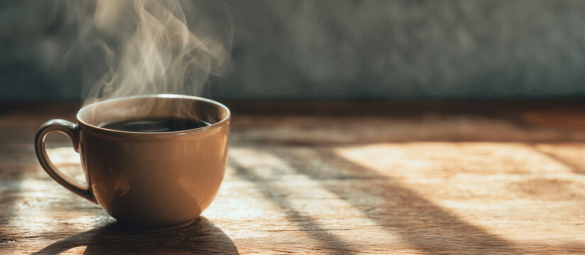 Close up of a steaming cup of coffee on a sunlit wooden table banner with copy space.