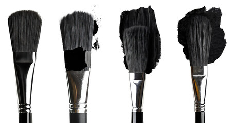 makeup brushes with black paint isolated on white background.