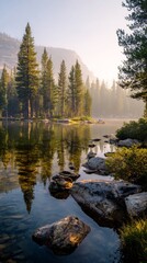 Obraz premium The misty mountains and the reflection of the mountains and rivers on the quiet lake in the morning
