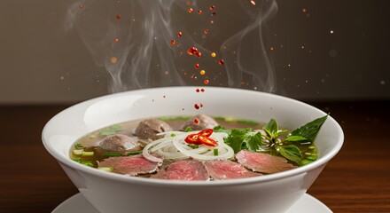 Steaming Bowl of Aromatic Beef Pho with Chili Flakes