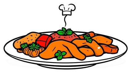 Illustration of a delicious hot meal on a plate, with a chef's hat icon symbolizing gourmet cooking for a restaurant menu