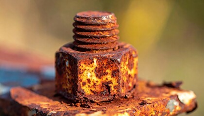 Close-up view of a rusty bolt resting on a weathered surface, showcasing decay in nature