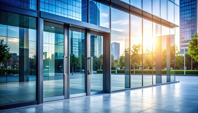 Modern glass entrance of a corporate building reflecting sunset with greenery in the background