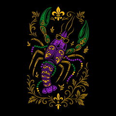 Bunte Karnevals-Languste mit Sonnenbrille und Ornamenten in Violett, Grün und Gold - inspiriert von New Orleans Street Culture und der Lebensfreude des Südens. Funky, wild, einzigartig!