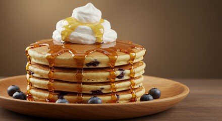 Golden Syrup Drizzles Delightful Blueberry Pancakes Topped with Whipped Cream