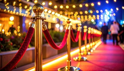 Elegant red carpet event with glowing lights and guests walking in a festive atmosphere
