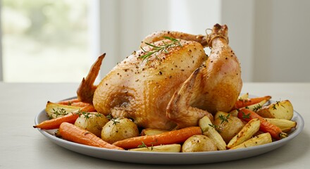 Golden-brown roast chicken, perfectly seasoned and glistening, sits majestically atop a bed of roasted root vegetables.