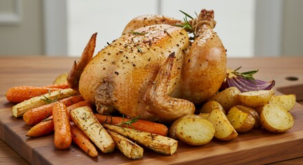 Golden Roasted Chicken with Herb-Roasted Root Vegetables, a picture-perfect Thanksgiving feast.