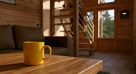 Yellow mug in wooden house
A bright yellow mug sits on a rustic wooden table in a cozy, sunlit cabin.